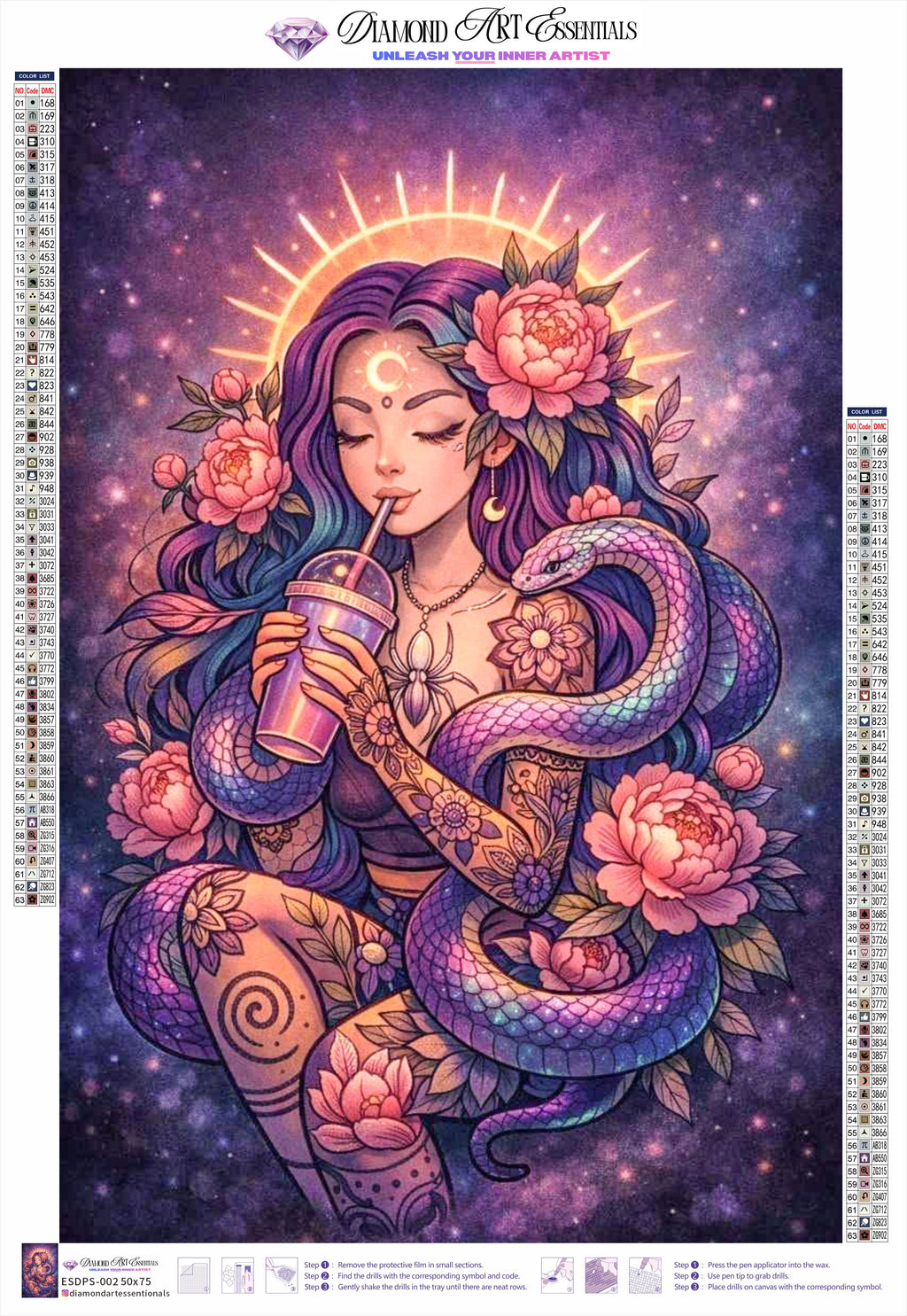 Colorful illustration of a woman with a snake and flowers against a starry background, featuring Diamond Art Essentials branding.