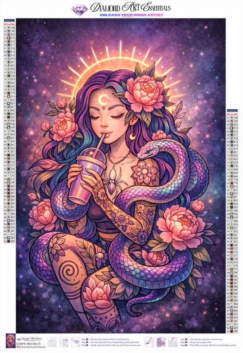 Colorful illustration of a woman with a snake and flowers against a starry background, featuring Diamond Art Essentials branding.