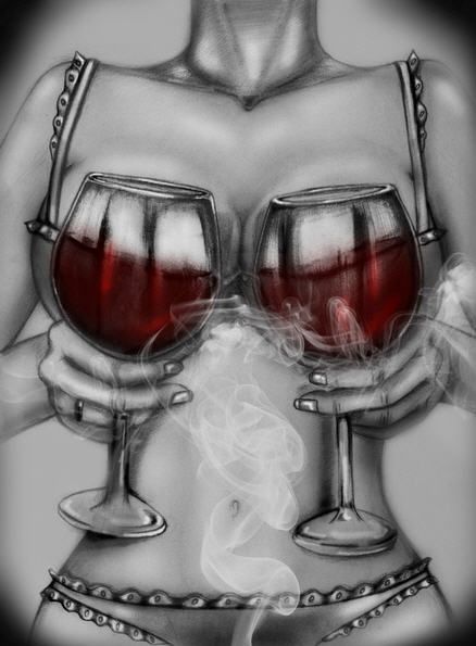 Black and white illustration of a woman holding two glasses of red wine with smoke rising.