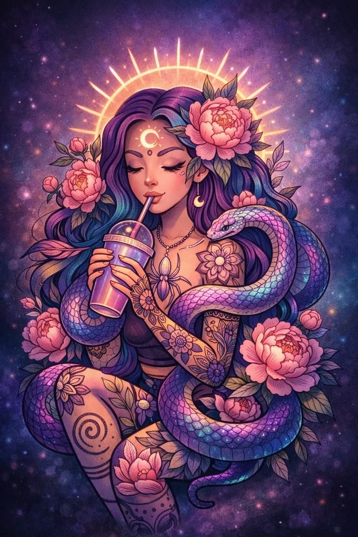 Artistic illustration of a woman with a snake, flowers, and a moon symbol against a starry night sky.